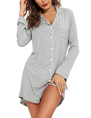 Image of Samring Pajama Nightgown for Women Short/Long Sleeve Button Down Nightwear Top Boyfriend Sleep Shirts Nightdress S-XXL