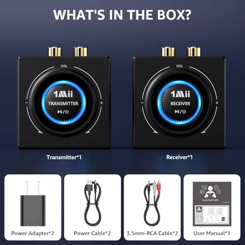 1Mii 2.4GHz (1 TX + 1 RX), Wireless Transmitter Receiver - 200ft Long Range 25ms Low Latency, Wireless Audio Adapter with RCA/AUX 3.5mm, Plug & Play for TV Home Stereo Soundbar PC Speakers Amplifier