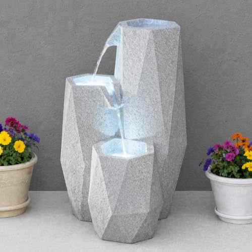 Image of Festive Lights – 49.5cm Garden Water Feature, Serenity Cascading Outdoor Fountain, Solar & Mains Powered, White Stone Effect Polyresin, LED Light, Timer, IP44, 3m Cable