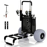 PYY Beach Fishing Cart - 220LBS Foldable Aluminum Beach Wagon Trolley with 13' Balloon Wheels, 23' x 15' Cargo Deck, Fishing Rod Holders, 30' to 40' Adjustable Handle, Heavy Duty Cart for Beach