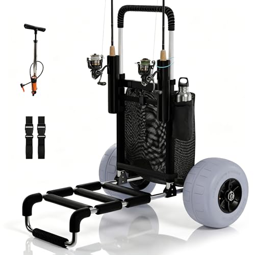 PYY Beach Fishing Cart - 220LBS Foldable Aluminum Beach Wagon Trolley with 13 Balloon Wheels 23 x 15 Cargo Deck Fishing Rod Holders 30 to 40 Adjustable Handle Heavy Duty Cart for Beach