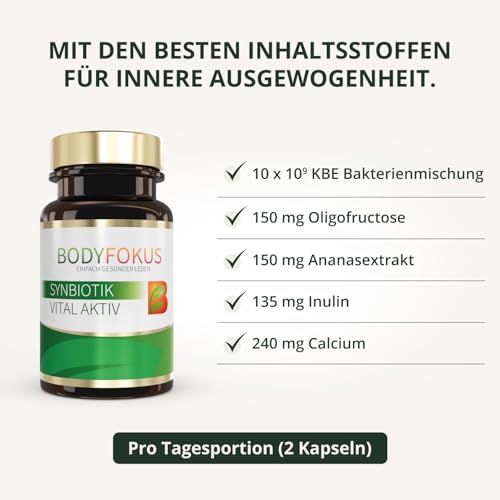 BodyFokus SynBiotik Vital Aktiv | spezielle Bakterienstämme & Präbiotika - natürliche Inhaltsstoffe - enthält Calcium - 60 Kapseln - in Deutschland hergestellt