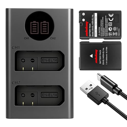 Cargador EN-EL14 USB con 2 baterías de 2050 mAh para cámaras reflex Nikon D5300 y D3500