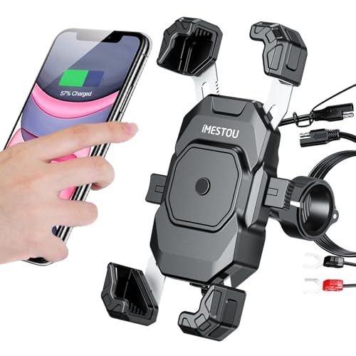 iMESTOU Motorcycle Wireless USB C Charger Phone Mount with Detachable SAE-O Ring Wire Fits for 5.5-7.2 Phones with Thickness Up to 15mm Width 93mm Works with 12-24V Motorcycles