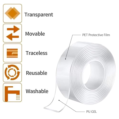 Image of HUBTURE 3 Meter Multipurpose Double Sided Nano Grip Tape - Heavy Duty, Reusable, Washable, Heat Resistant, Adhesive Silicone Tape - 2mm Thick Anti-Slip Transparent Tape for Home & Office (Pack of 1)