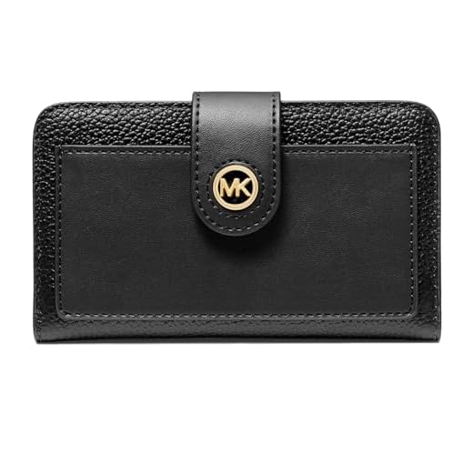 Michael Kors Women's MK Charm Medium Tab Pocket Bifold, Gold-Tone Hardware/Black, One Size