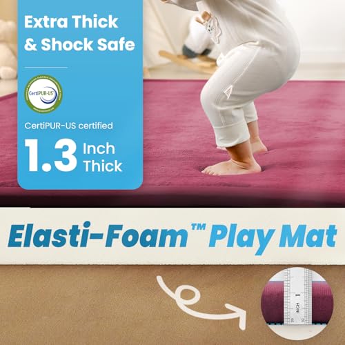 Image of 1.3 inch Thick Baby Play Mat for Floor, 39x59 Foam Tummy Time Mat, Padded Support Soft Plush Nursery Rug for Infant Kids Toddler Crawling Kick Activity (Burgundy)