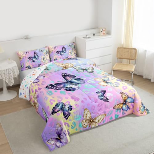 Image of Feelyou Colorful Butterfly Comforter Set Queen Rainbow Watercolor Printed Quilt Bedding for Girls Kids Bedroom Tie Dye Leopard Cheetah Teen Bed 1 and 2 Pillowcases