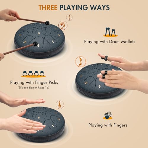 CAHAYA Steel Tongue Drum 6-Inch: 11 Notes Rain Drum Steel Percussion Hand Tongue Drums with Music Score Drums Mallets Finger Paddles and Carry Bag for Kids Gift Musical Education Meditation Navy Blue - Image 5