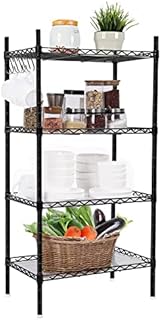 VOONEEN 4 Tier Shelving Unit, Metal Shelving Unit Free Standing Small Storage Rack with 4 Hooks, Wire Organisation Racking Shelves for For Pantry Kitchen Livingroom Bathroom Office, 45*30*90 CM