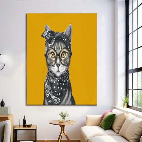 Cuadros en lienzo de gato con diadema retro JRISEMECY, póster moderno de 70x100cm amarillo sin marco 2