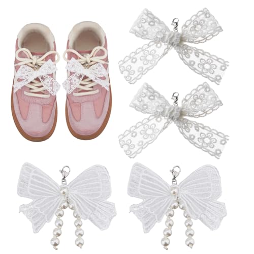 DICOSMETIC 2 Paare 2 Stile Bogen Schuhcharms Spitzenbogen Schnürsenkel Charms Perlenschnürsenkel Dekorationen Weiße Perlenbögen Schlüsselanhänger Für Frauen Sneakers Taschen Geldbörsen