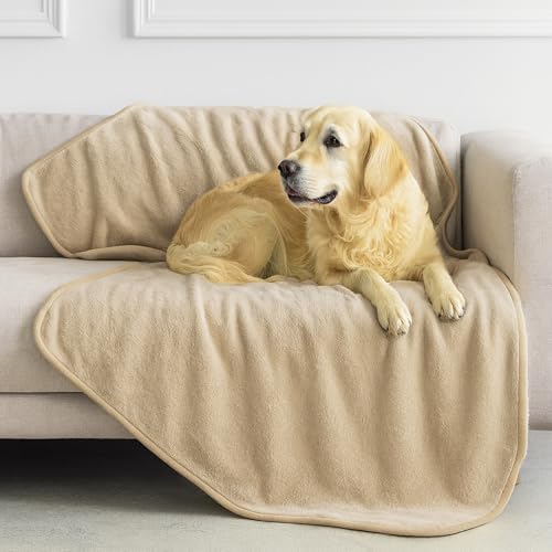 Dreamzie - wasserdichte Hundedecke Flauschig - 100x120cm - Beige | Sherpa-Fleece · Waschbar · Decke für unterwegs, Bett, Sofa, Auto, Outdoor · Katzendecke · Weich · Wendedecke 2-in
