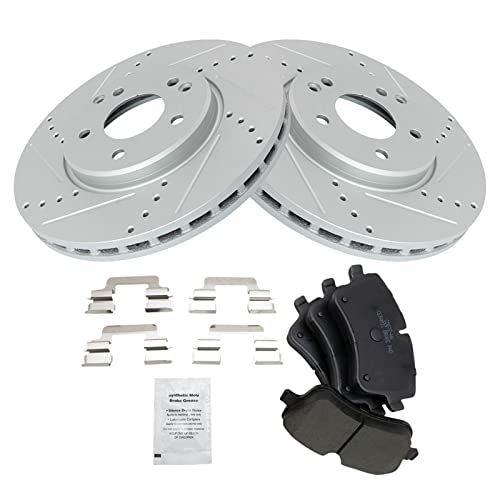 TRQ Front Brake Pad & Rotor Set Ceramic Drilled Coated Rotors Compatible with 2001-2005 Mercedes-Benz C320 2003-2005 C240 CLK320 2006-2007 C280 C350 2006-2009 CLK350 2006-2008 SLK280 2009-2011 SLK300 by TRQ - Image 3