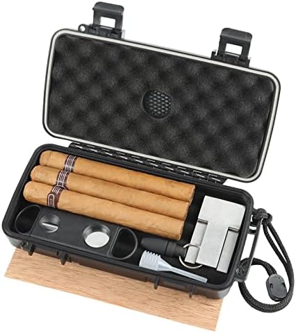 Travel Cigar Humidor Box Case with Cigar Accessories &Spanish Cedar &Humidifier &Cigar Cutter & Cigar Stand &Cigar Punch CutterHold4-5 Count -Cigar Waterproof Case, Crushproof, Airtight Seal Portable