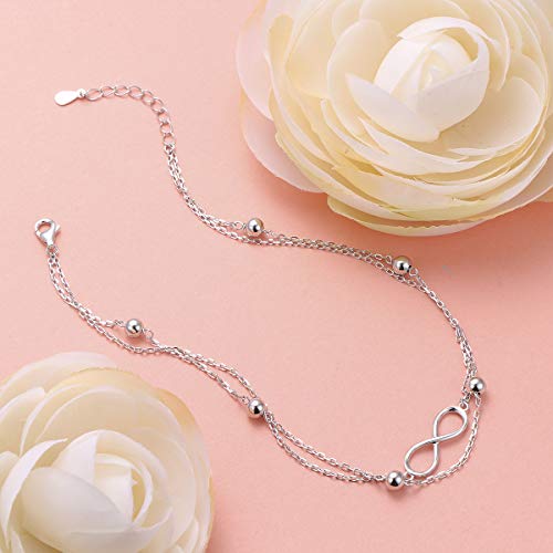 Image of Flyow Anklet for Women S925 Sterling Silver Adjustable Foot Beaded Heart Charm Ankle Bracelet Anklets Jewelry