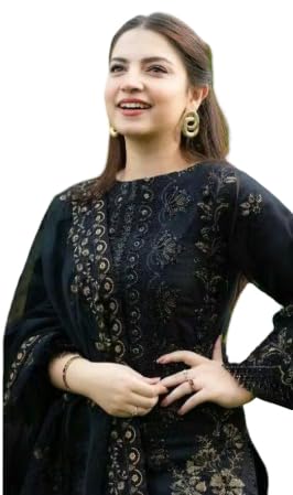 Image of Women's Black Embroidered Kurta Pant Dupatta Set | Ethnic Suit Set for Women | Straight Kurta Set | Festive Traditional Pakistani Style Dress for Women
