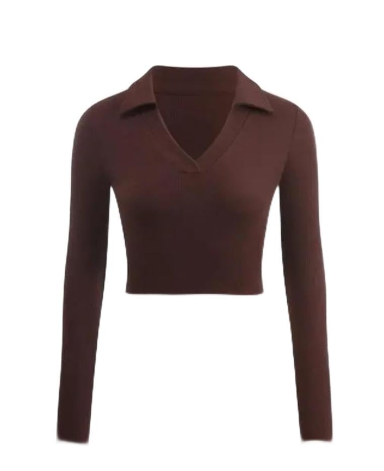 Women's Brown Ribbed Knit Cropped Polo Collar Top-picture-15