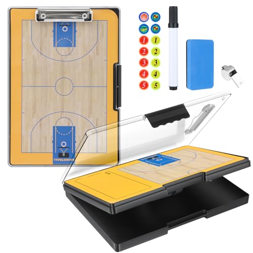 Basketball Clipboard for Coaches - All-Weather Double-Sided Dry Erase Board with Magnetic Pieces Markers Eraser Whistle & Clear View Dry Erase Storage Box | Perfect Basketball Gifts