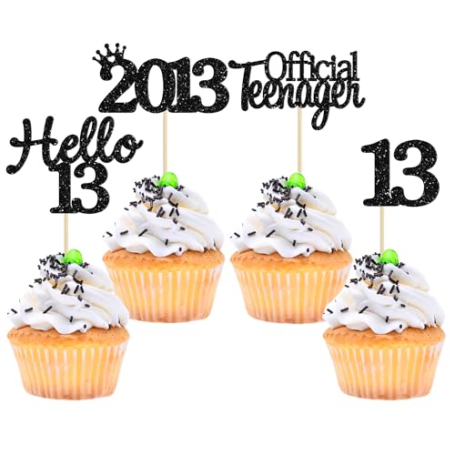 Gyufise 24 Pack 13th Birthday Cupcake Toppers Hello 13 Thirteen Official Teenager Since 2013 Cupcake Picks 13th Birthday Party Cake Decorations Supplies Black