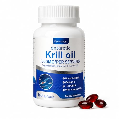 Antarctic Krill Oil 180 Softgels | 1000mg Per Serving Omega-3 EPA DHA Choline Astaxanthin & Phospholipids Mercury Free No Fishy Aftertaste Supports Joint Heart Brain & Immune Health
