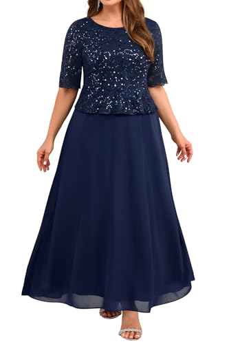 Plus Size Formal Dresses Navy Blue Mother of The Bride Evening Gowns Wedding Guest Sequin Lace Bodice Long Dress Women