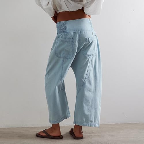 utcoco Womens Smocked Mid Rise Barrel Jeans Y2k Vintage Baggy Wide Leg Jeans Cropped Denim Harem Pants2