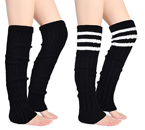 Joyingtwo Women's Winter Over Knee High Footless Socks Thigh Highs Knit Warm Long Leg Warmers (black&stripe-black)