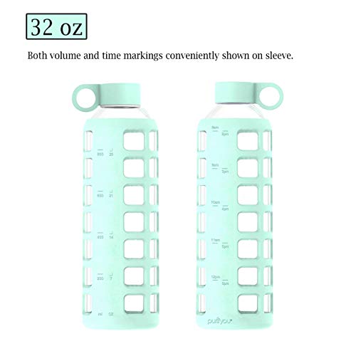 purifyou Premium Glass Water Bottle w/Time and Volume Markings Plus Ultra-Soft Silicone Sleeve & Stainless Steel Lid Insert 32/22 / 12 oz (Glow in The Dark, 32 oz)