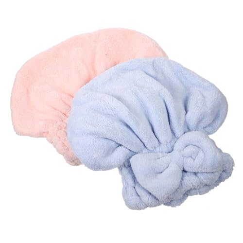 Beaupretty 2 Piezas Gorro para Secar Cabello de Coral Grueso Absorbente y Rápido con Lazo Adorable de Rosa y Azul para Baño y Ducha