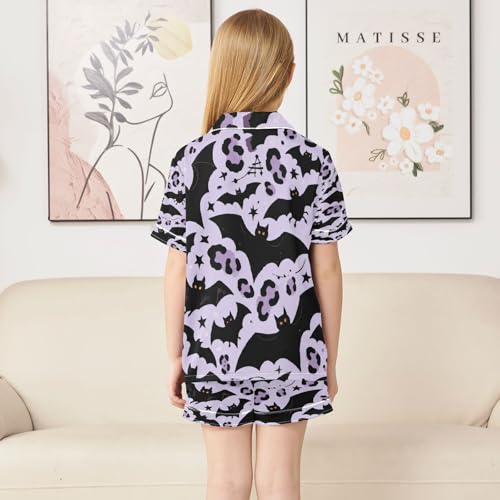 Satin Pajama Sets Short Sleeve Bats Leopard Halloween Pattern Button Down Silky Nightwear 2 Piece PJS 5-14Y4