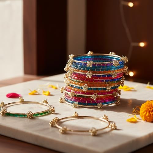 Image of NEW SURYA ENTRPRISES Kashmiri Ghangharoo Glass Bangle Set for Women|Light Weight Bangles|Traditional Transparent Fancy Glass Chudi Set Of 16(12 Glass + 4 ghungroo bangles)