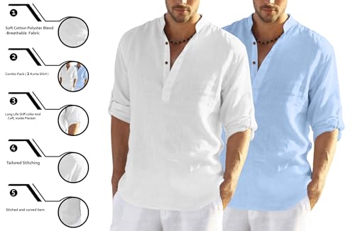 Image of Zombom Men's Combo Cotton Polyester Blend Solid Full Sleeve Straight Regular Fit Mandarin /Chinese Collor Kurta (Pack of 2)