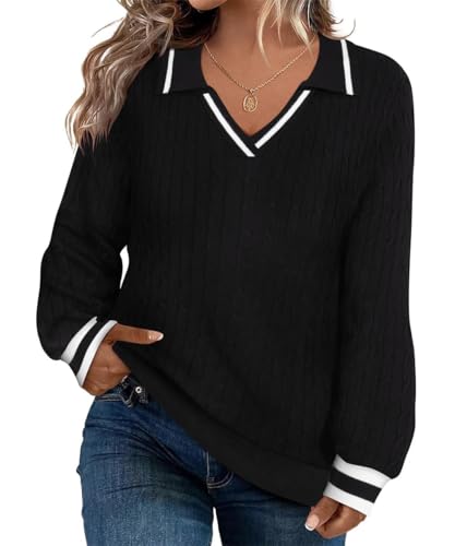 Image of CARCOS Plus Size Sweaters for Women Long Sleeve Pullover Sweaters Lapel Collared Vneck Knit Jumper Tops Fall Winter XL-5XL