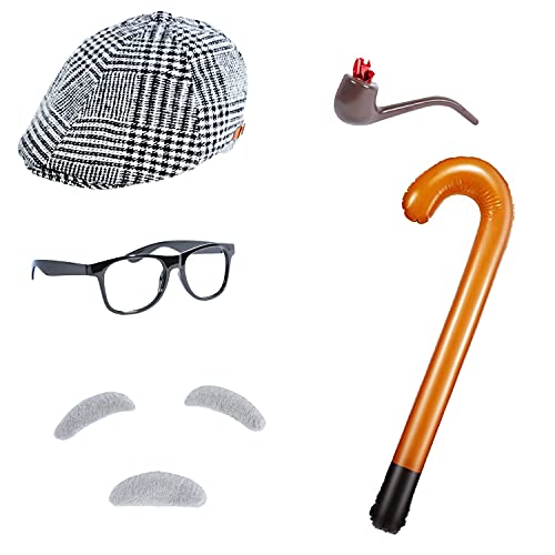 Lingway Toys Little Old Man Costume Kit Grandpa Accessories Beret Hat,Cigerate Holder,Glasses,Inflatable Cane,Eye Brows