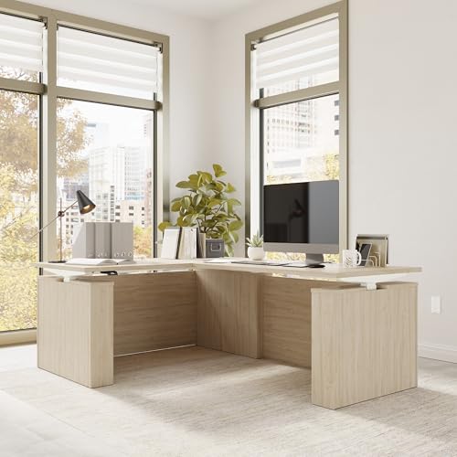 Image of Bush Business Furniture 60-inch Electric Height Adjustable L Shaped Standing Desk, Ergonomic Sit-Stand Computer Table for Office, Stratus Collection, Natural Elm with White Base