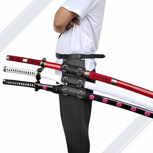 Hashiman - Triple Katana One Piece – Roronoa Zoro Shusui Wado Kitetsu – Drei Manga-Nachbildungen Säbel + Ständer für Schwert aus Holz + Dreifachgürtel, SH-511-7WDL