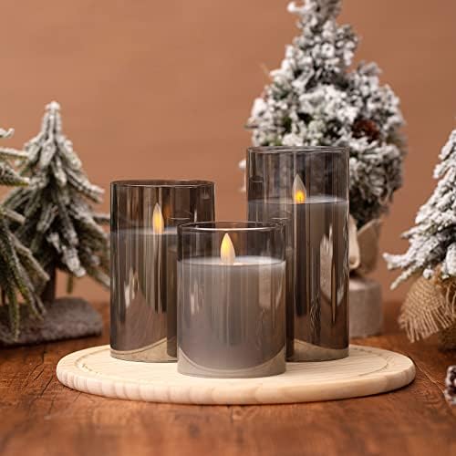 Led Flameless Candles, Battery Operated Flickering Candles Pillar Real Wax Moving Flame Electric Candle Sets Gold Glass Effect with Remote Timer, 4 in, 5 in, 6 in, Pack of 3 (Grey Glass)
