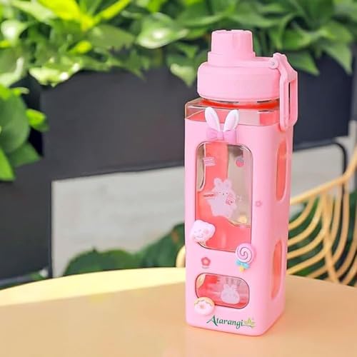 Image of Atarangi Kawaii Water Bottle for Girls with Straw & Movable Handle | Leak-Proof BPA-Free Cute Plastic Bottle with 2D & 3D Stickers | Stylish School & Travel Bottle for Kids