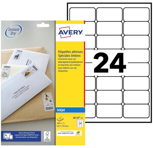 Avery Étiquettes Autocollantes Blanches 360 Pièces 63,5x33,9 mm J8159-15 - Feuille A4, Imprimante...
