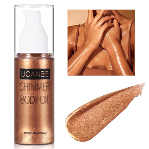 UCANBE Body Shimmer Oil 100ml, Moisturizing Body Glow Glitter Oil, Waterproof Shimmering Luminizer Liquid Illuminator Highlighter, Tinted Shimmer Lotion Glowing Bronzer Makeup(Golden Brown)
