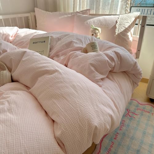 Image of VM VOUGEMARKET Pink Full Duvet Cover Set 3 Pieces Lace Bedding Set Simple Cozy Plaid Checkered Comforter Cover with Zipper Ties for Teen Girls