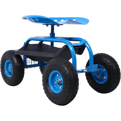 Carrito de Jardín Scooter con Asiento Giratorio 360°, Estructura de Acero Resistente, Taburete Rodante con 4 Ruedas, Asa Ajustable y Bandeja de Almacenamiento, para Trabajo en el Jardín (Azul) miniatura 3