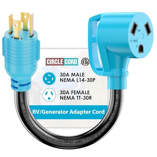 CircleCord 4 Prong 30 Amp RV Generator Adapter Cord with Grip Handle L14-30P Twist Lock Male to TT-30R Female Heavy Duty STW 10 AWG 12 Inch for Generator to RV Trailer Camper