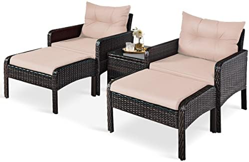 5 Pieces Patio Furniture Set Outdoor Rattan Wicker Conversation Set with Coffee Table Cushioned Sofas and Ottoman Chat Set for Garden Backyard(Beige)