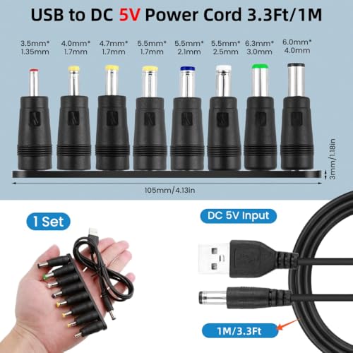 Image of Verilux USB to DC 5V Power Cord 3.3Ft /1M, Universal 5V Plug Jack Charging Cable with 8 Pcs DC Female To Male Adapter (6.0x4.0, 3.5x1.35, 4.0x1.7, 4.7x1.7, 5.5x1.7, 5.5x2.1, 5.5x2.5, 6.3x3.0)