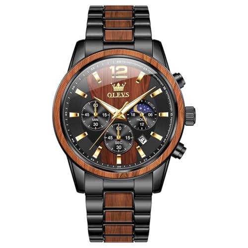 OLEVS Watches for Men Wood Luxury Dress Chronograph Wirst Watches 42MM Large Dial Stainless Steel...