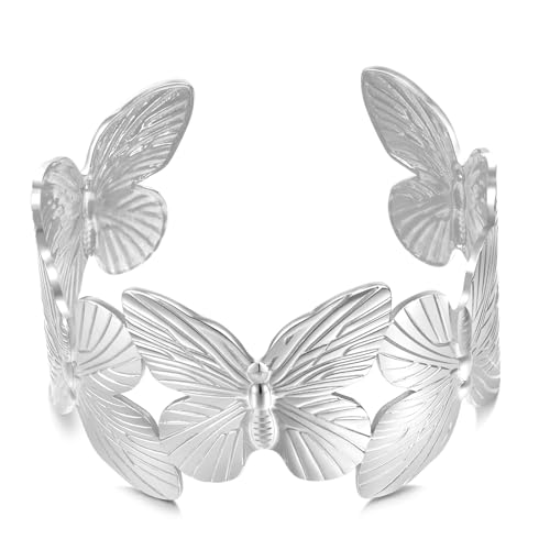 WOWORAMA Silver Butterfly Bracelet for Women Stainless Steel Chunky Cuff
