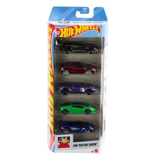 Image of Hot Wheels Car 2025 HW Motor Show Pack of 5 (Aston Martin Vulcan, Ferrari SF90 Stradale, 17 Ford GT, Lamborghini Huracan Lp 610-4, Lotus Evija) Multi - Color