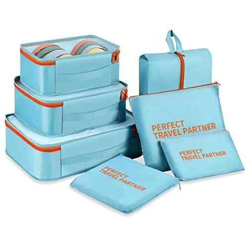 DIMJ Koffer Organizer Set, Packing Cubes für Kleidung, Packwürfel für Rucksack, Kleidertaschen für Koffer, Packtaschen Set mit Kosmetiktasche, Schuhbeutel, USB Kabel Tasche (7, Hellblau) Cover